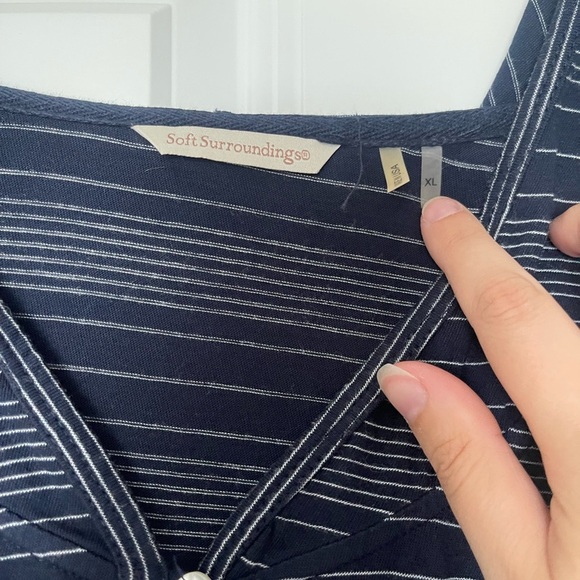 Soft Surroundings | Hooded Button Front Lightweight Striped Cardigan Navy White - Picture 4 of 6